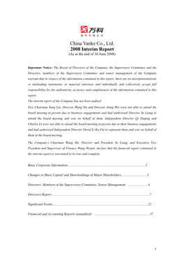 China Vanke Co., Ltd. 2008 Interim Report (As at the End of 30 June 2008)