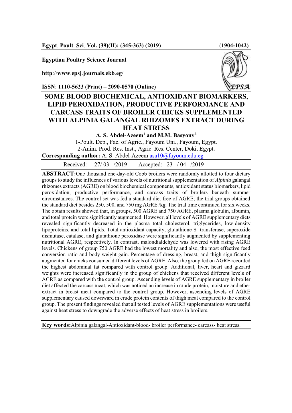 Some Blood Biochemical, Antioxidant Biomarkers