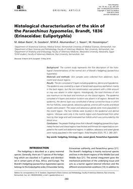 Histological Characterisation of the Skin of the Paraechinus Hypomelas, Brandt, 1836 (Erinaceidae: Eulipotyphla) M