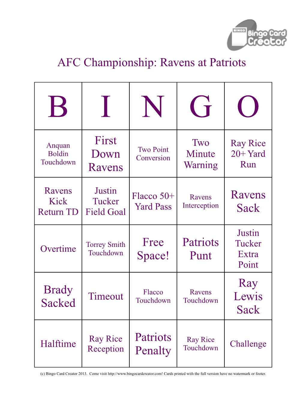 To Print My Ravens AFC Championship Bingo Cards