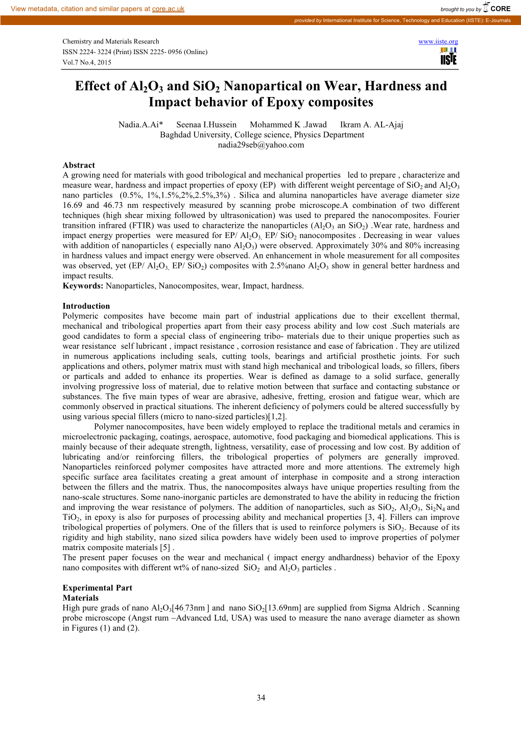 Effect of Al2o3 and Sio2 Nanopartical on Wear, Hardness and Impact Behavior of Epoxy Composites