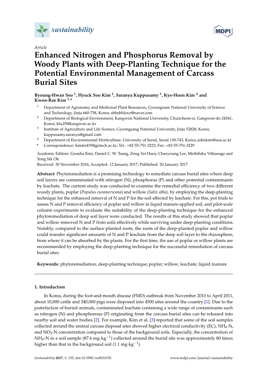 Enhanced Nitrogen and Phosphorus Removal by Woody Plants with Deep-Planting Technique for the Potential Environmental Management of Carcass Burial Sites