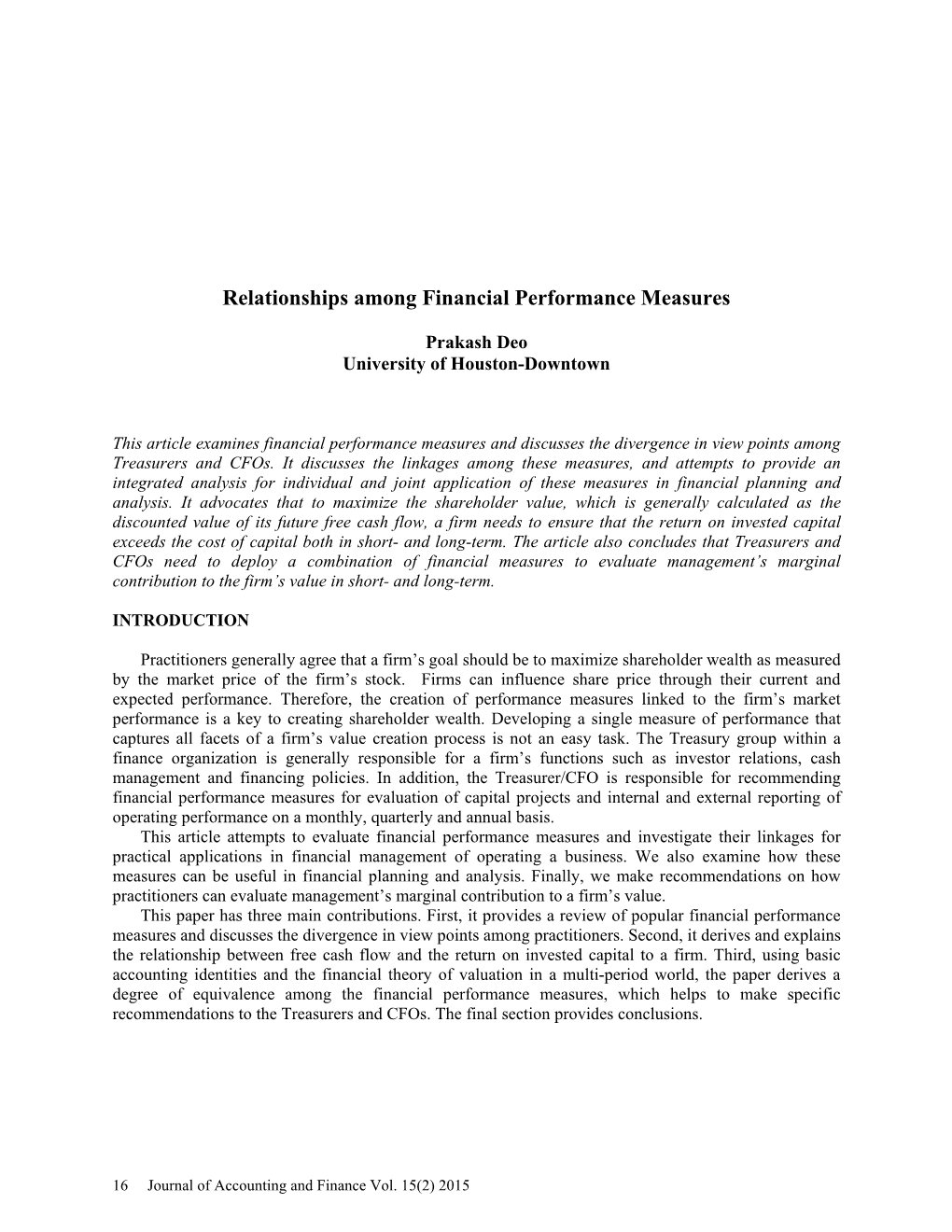 Relationships Among Financial Performance Measures