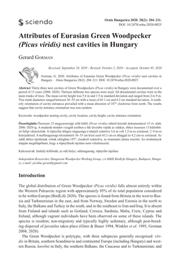 Attributes of Eurasian Green Woodpecker (Picus Viridis) Nest Cavities in Hungary