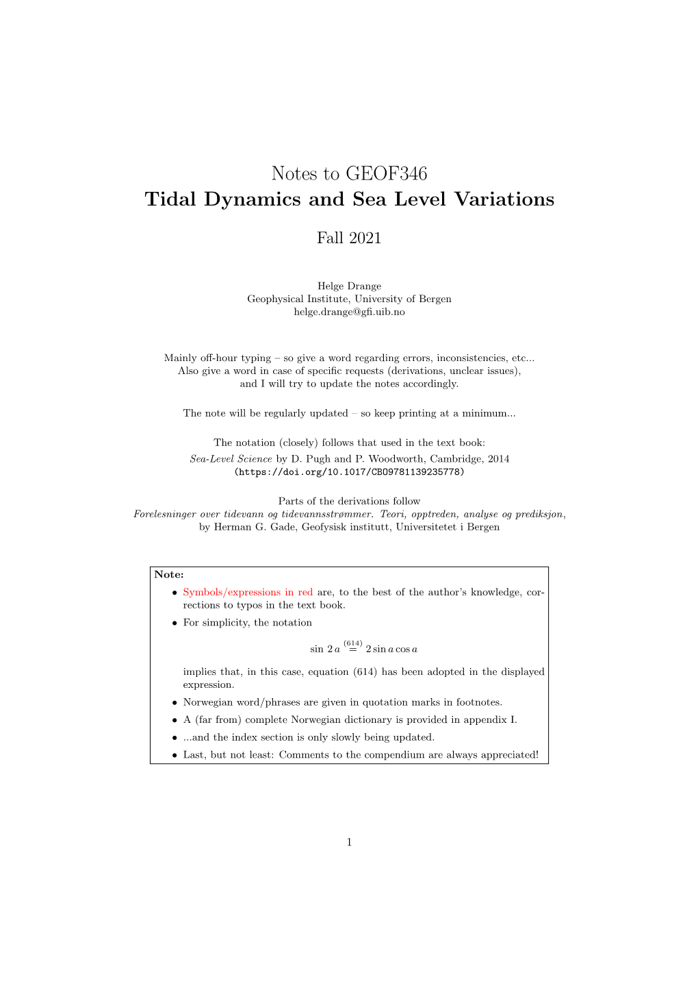 Notes to GEOF346 Tidal Dynamics and Sea Level Variations