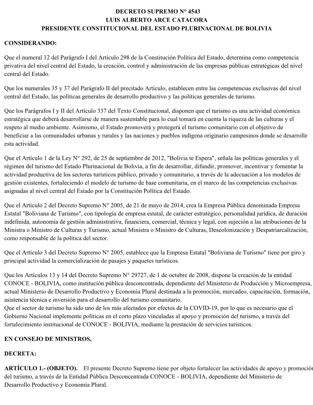 Decreto Supremo N° 4543 Luis Alberto Arce Catacora Presidente Constitucional Del Estado Plurinacional De Bolivia