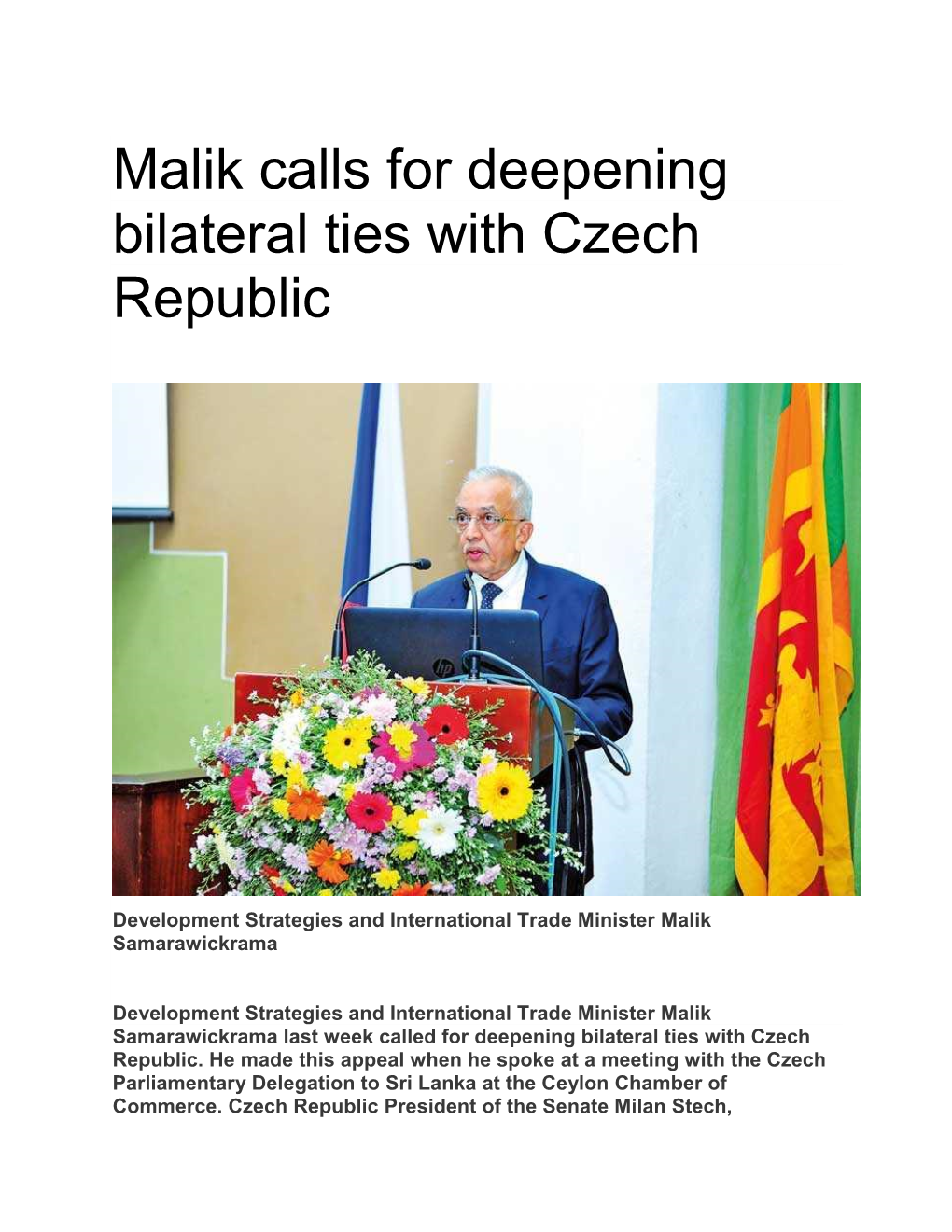 Malik Calls for Deepening Bilateral Ties with Czech Republic