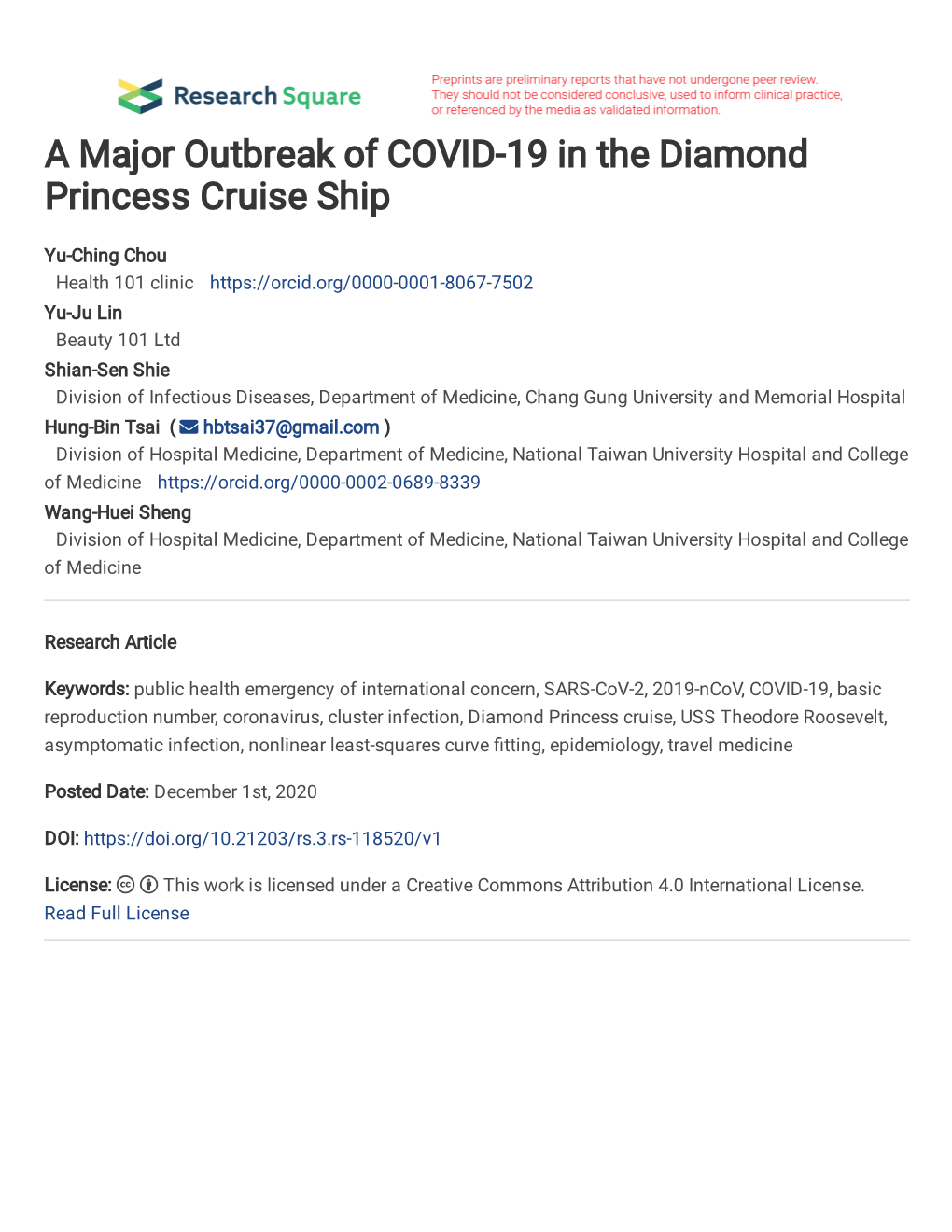 A Major Outbreak of COVID-19 in the Diamond Princess Cruise Ship