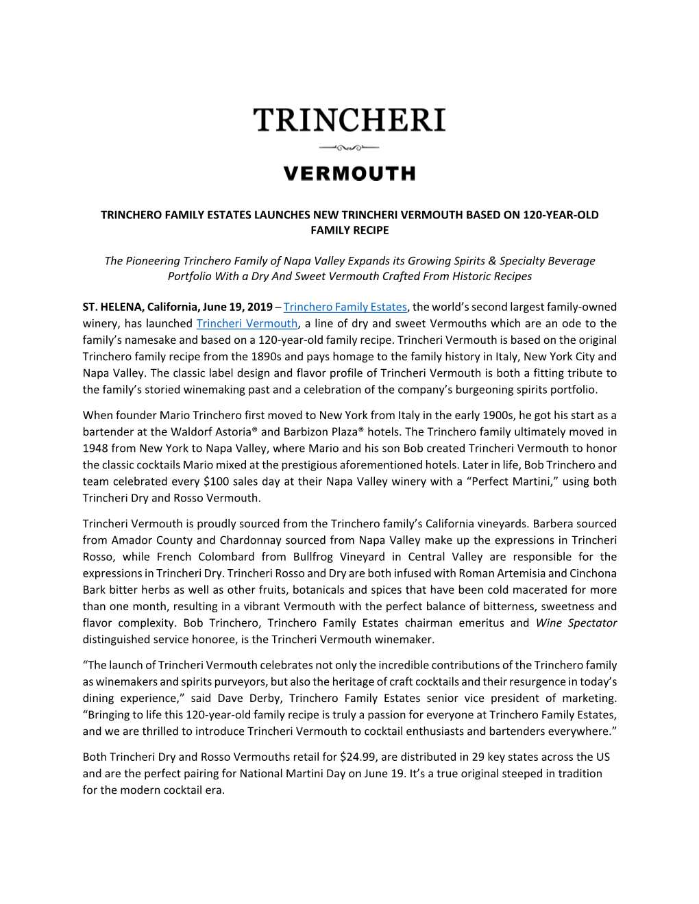 Trinchero Family Estates Launches New Trincheri Vermouth Based on 120-Year-Old Family Recipe