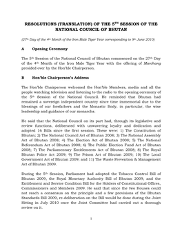 Resolutions (Translation) of the 5Th Session of the National Council of Bhutan