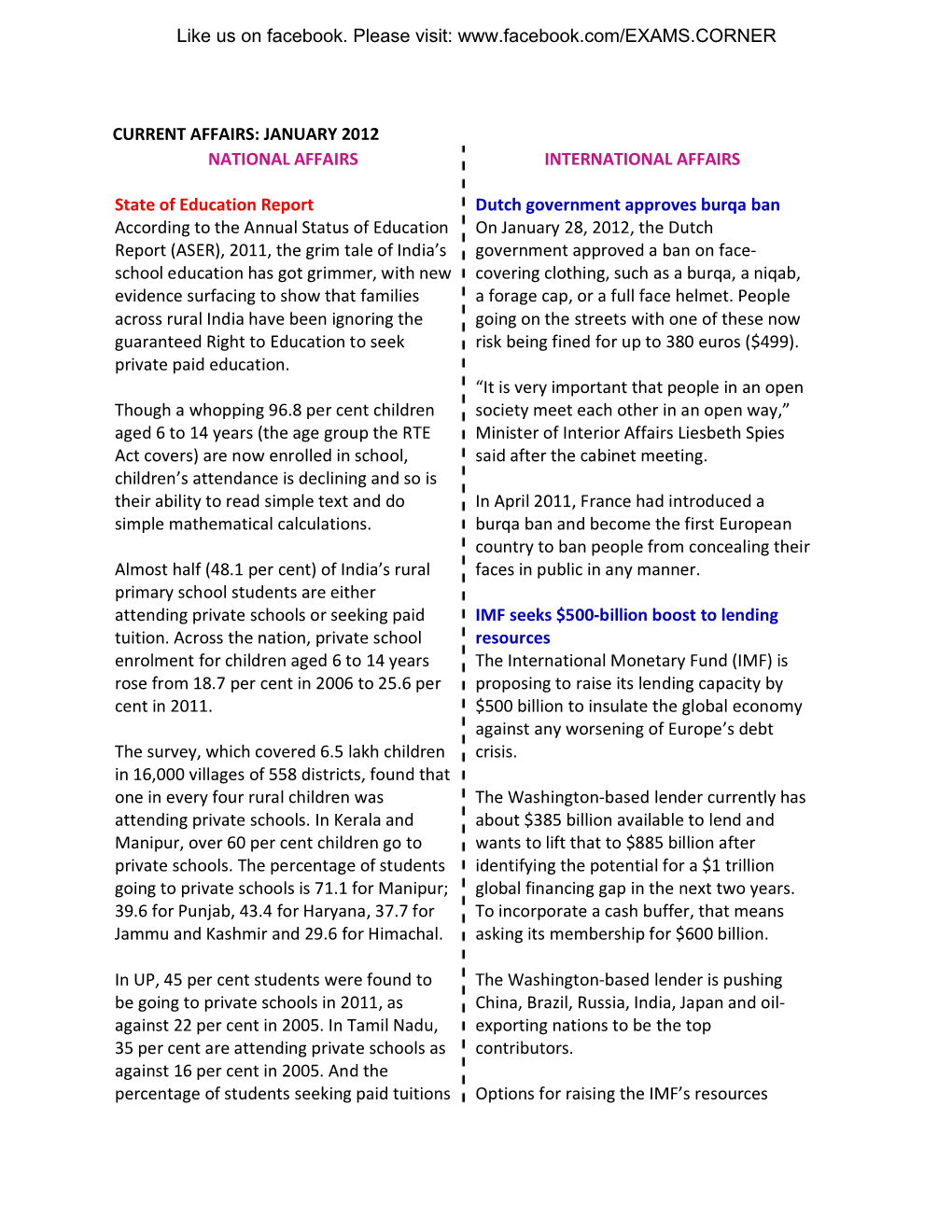 CURRENT AFFAIRS January 2012 to January