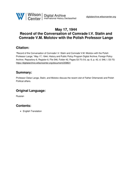 May 17, 1944 Record of the Conversation of Comrade I.V. Stalin and Comrade V.M