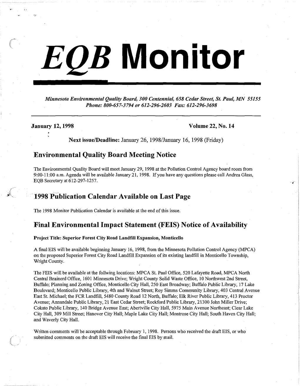 Environmental Quality Board Meeting Notice 1998 Publication Calendar