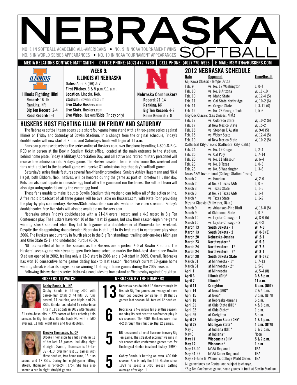 2012 NEBRASKA Schedule Huskers Host