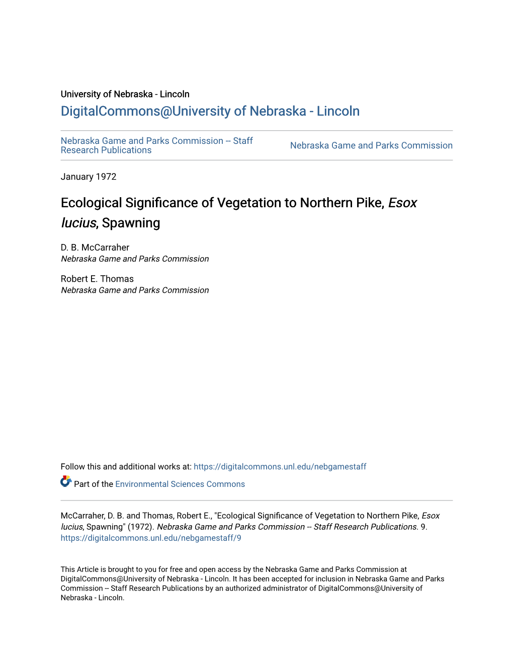 Ecological Significance of Vegetation to Northern Pike, Esox Lucius
