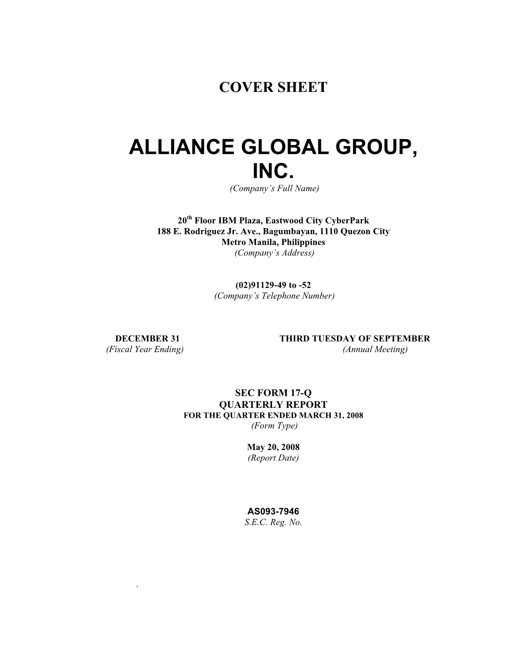 Cover Sheet Alliance Global Group