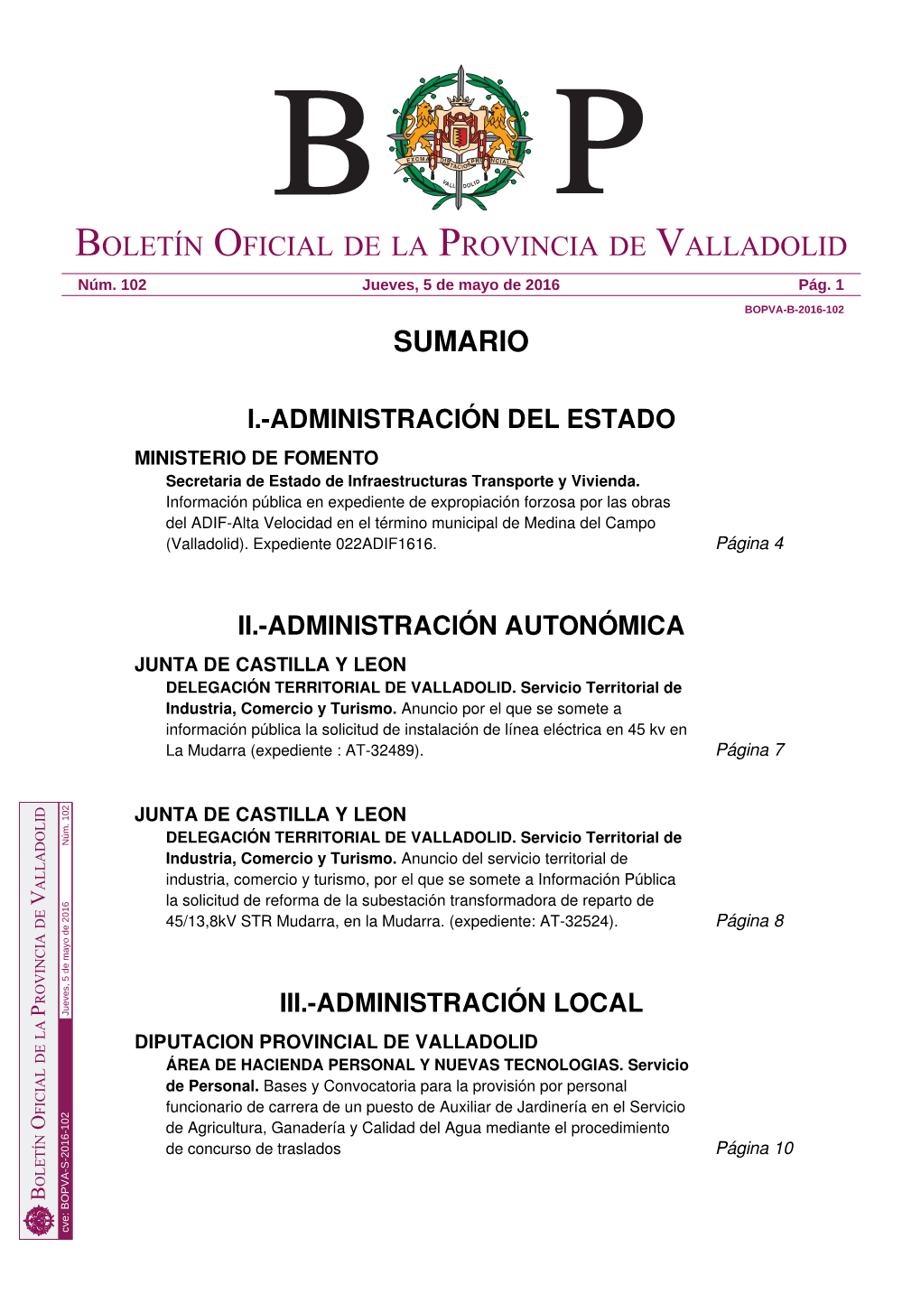 Sumario Boletín Oficial De La Provincia De Valladolid