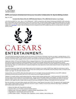 ESPN and Caesars Entertainment Announce Innovative Collaboration for Sports Betting Content