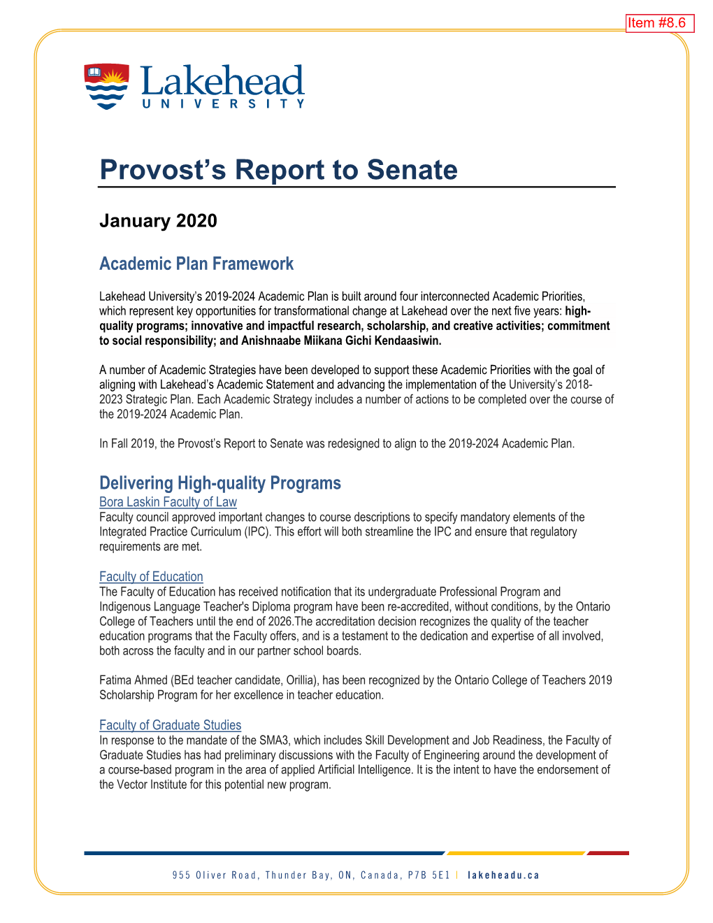 Provost's Report to Senate