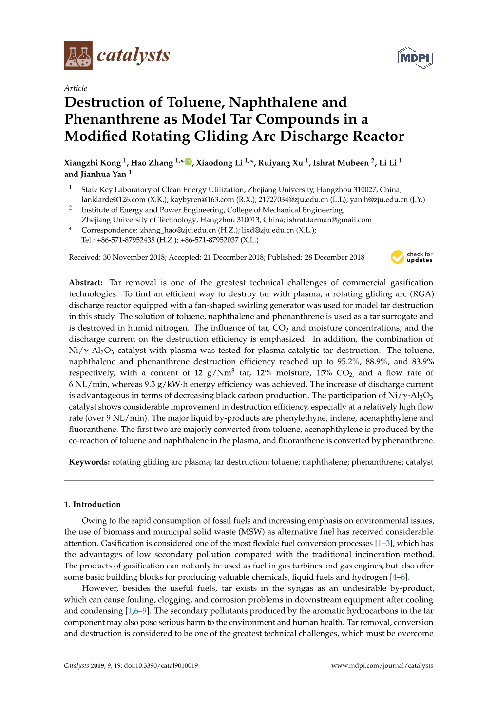 Destruction of Toluene, Naphthalene and Phenanthrene As Model Tar Compounds in a Modiﬁed Rotating Gliding Arc Discharge Reactor
