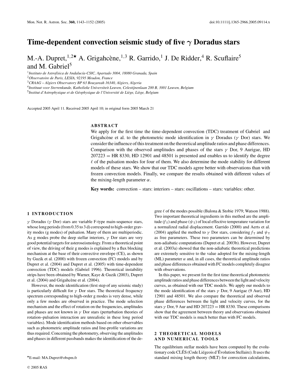 Time-Dependent Convection Seismic Study of Five Γ Doradus Stars