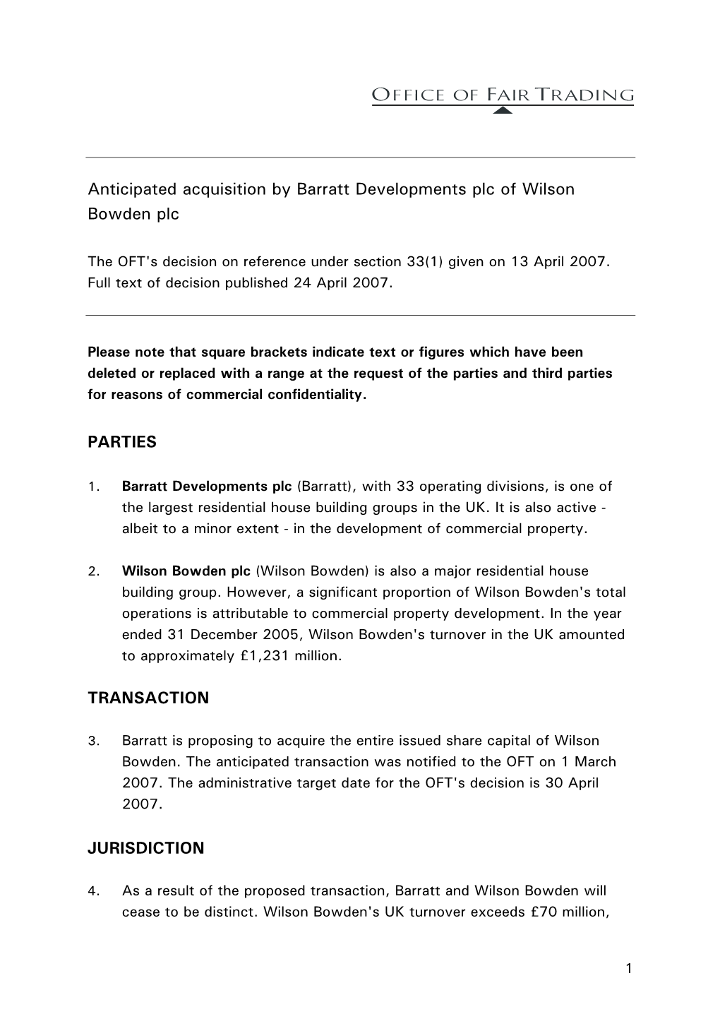 Anticipated Acquisition by Barratt Developments Plc of Wilson Bowden Plc