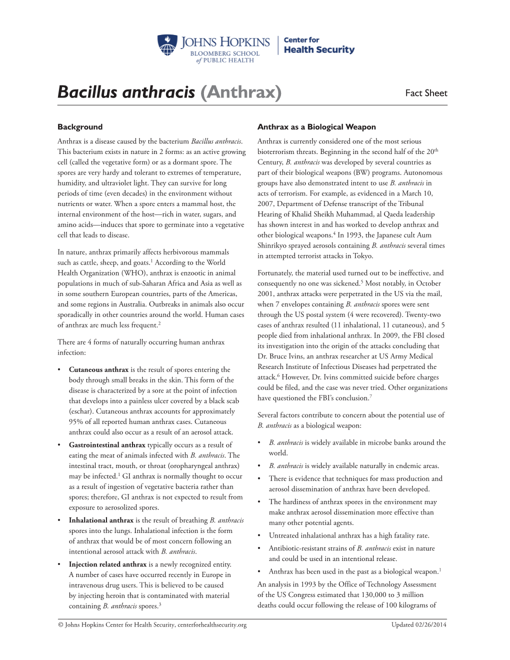 Bacillus Anthracis (Anthrax) Fact Sheet