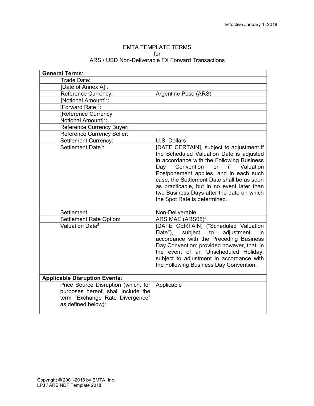 EMTA Template Terms for ARS /USD