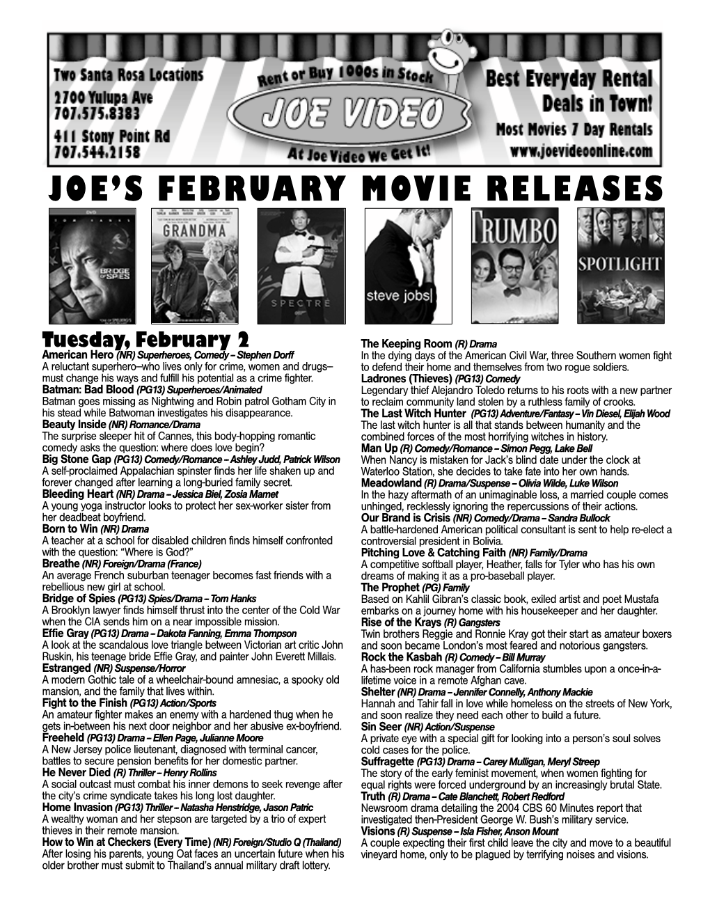 Joe's February Movie Releases