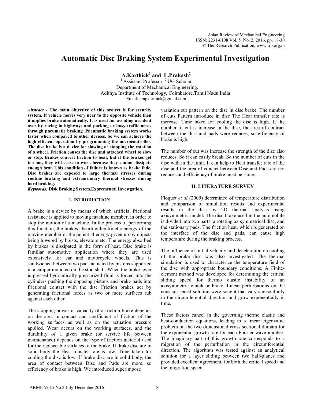 Automatic Disc Braking System Experimental Investigation