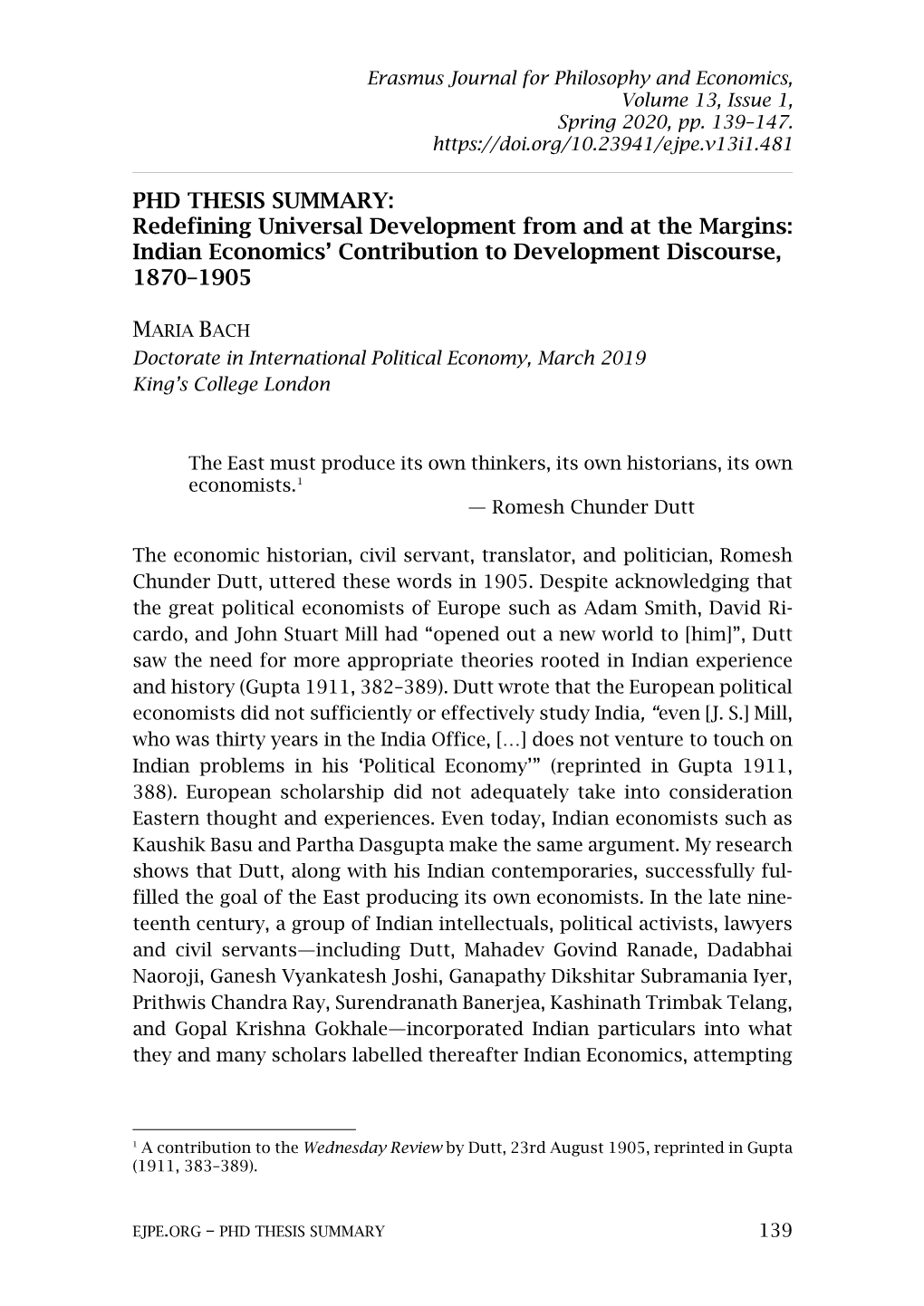 Redefining Universal Development from and at the Margins: Indian Economics’ Contribution to Development Discourse, 1870–1905