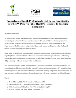Pennsylvania Health Professionals Call for an Investigation Into the PA Department of Health's Response to Fracking Complaints