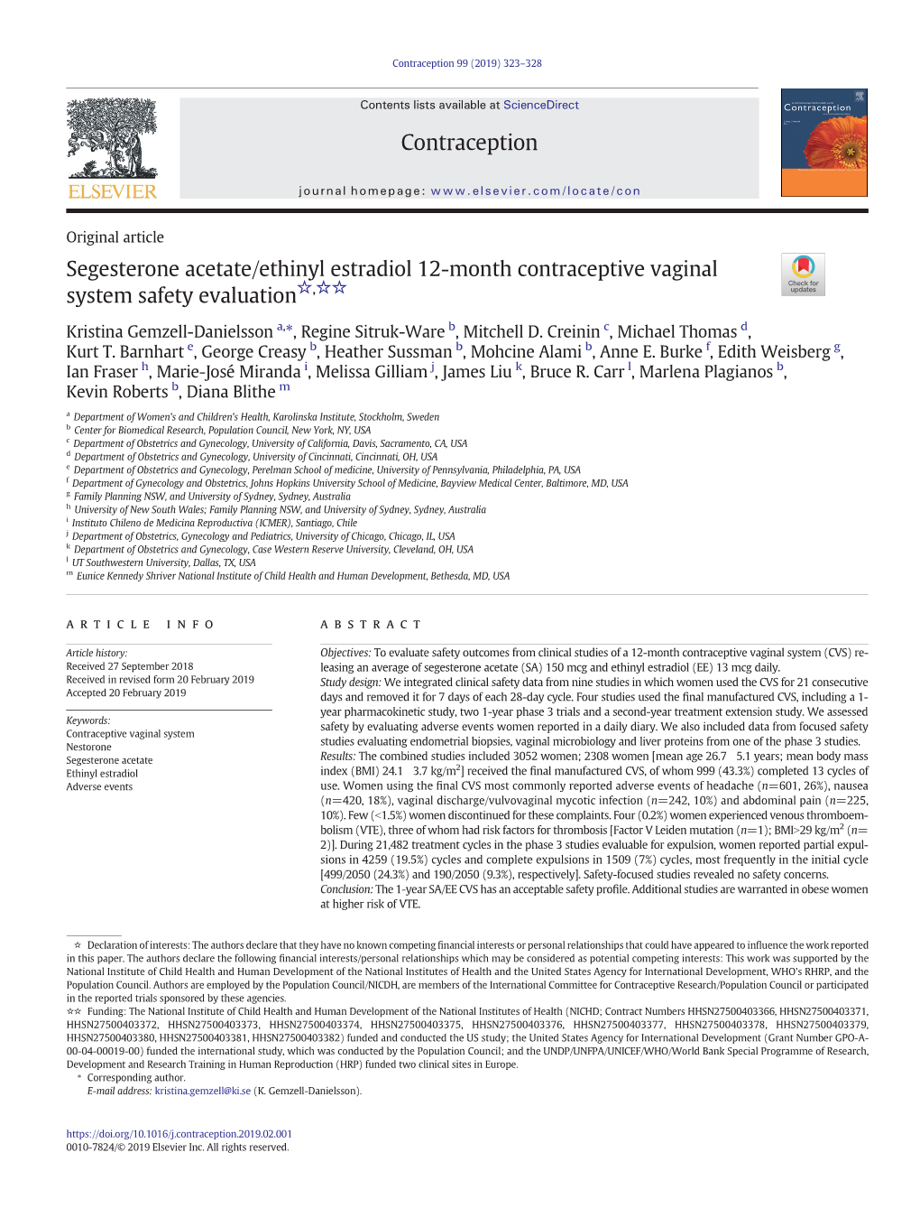 Segesterone Acetate/Ethinyl Estradiol 12-Month Contraceptive Vaginal ☆ ☆☆ System Safety Evaluation