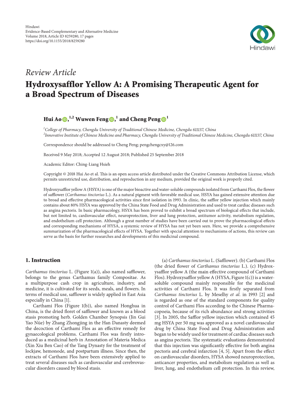 Hydroxysafflor Yellow A: a Promising Therapeutic Agent for a Broad Spectrum of Diseases