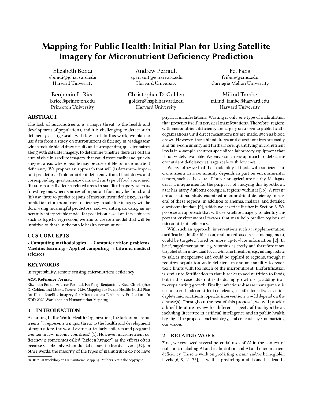 Mapping for Public Health: Initial Plan for Using Satellite Imagery for Micronutrient Deficiency Prediction