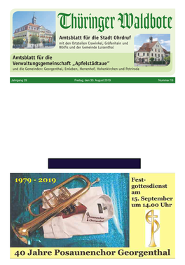 Thüringer Waldbote Amtsblatt Für Die Stadt Ohrdruf Mit Den Ortsteilen Crawinkel, Gräfenhain Und Wölfis Und Der Gemeinde Luisenthal