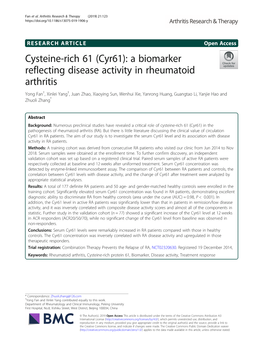 Cysteine-Rich 61 (Cyr61): a Biomarker Reflecting Disease Activity In