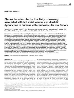 Plasma Heparin Cofactor II Activity Is Inversely Associated with Left Atrial Volume and Diastolic Dysfunction in Humans with Cardiovascular Risk Factors
