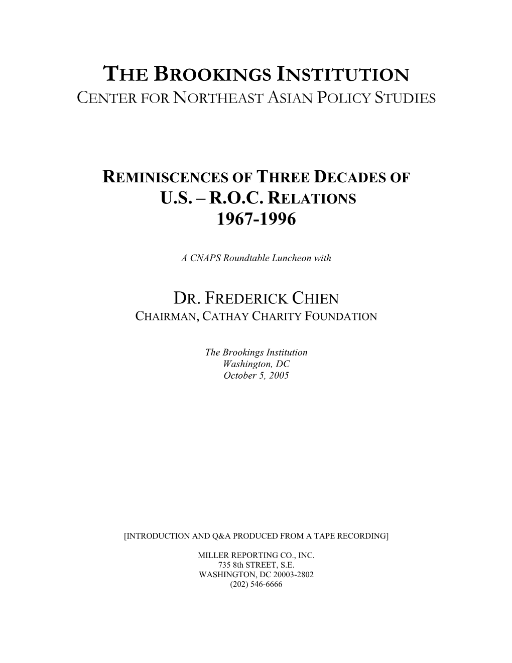The Brookings Institution U.S. – R.O.C. R 1967-1996
