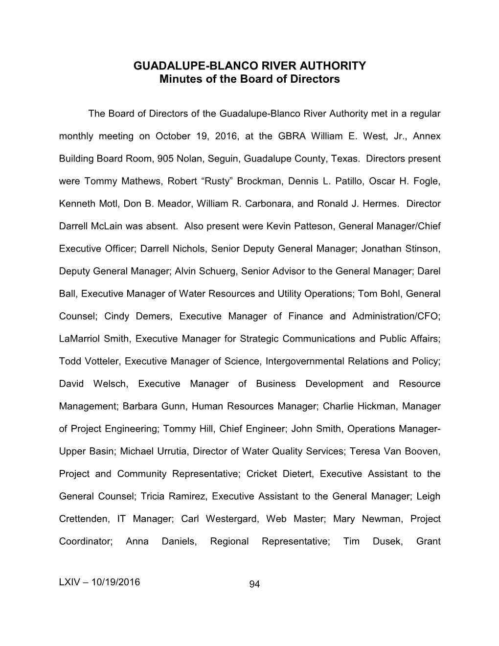 GUADALUPE-BLANCO RIVER AUTHORITY Minutes of the Board of Directors