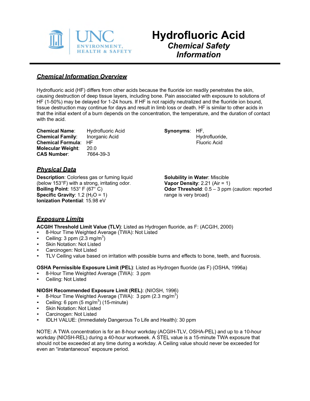 Hydrofluoric Acid Chemical Safety Information