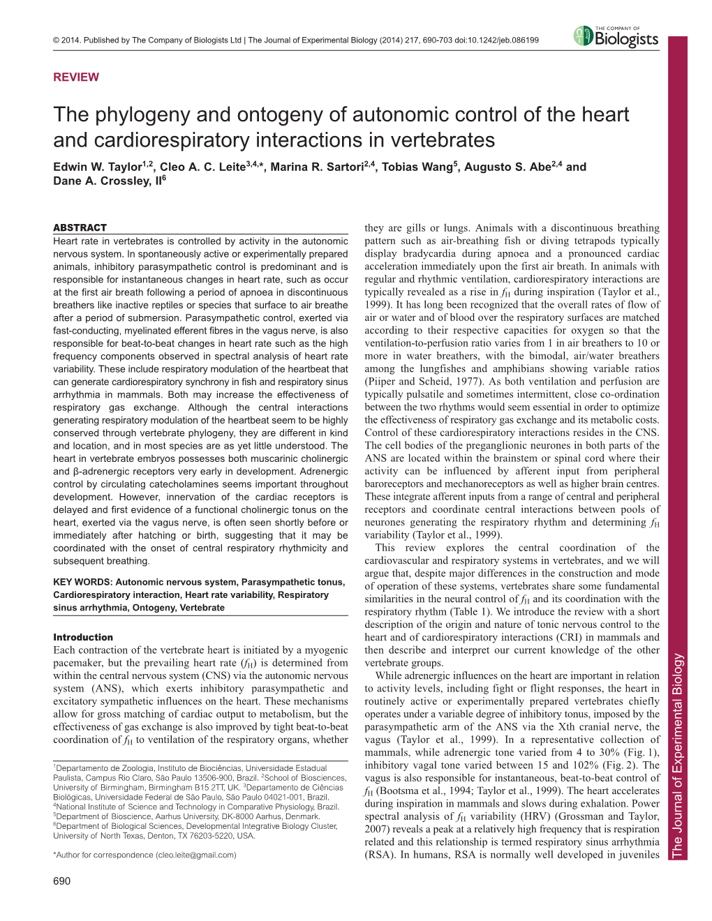 The Phylogeny and Ontogeny of Autonomic Control of the Heart and Cardiorespiratory Interactions in Vertebrates