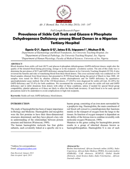 Prevalence of Sickle Cell Trait and Glucose 6 Phosphate Dehydrogenase Deficiency Among Blood Donors in a Nigerian Tertiary Hospital