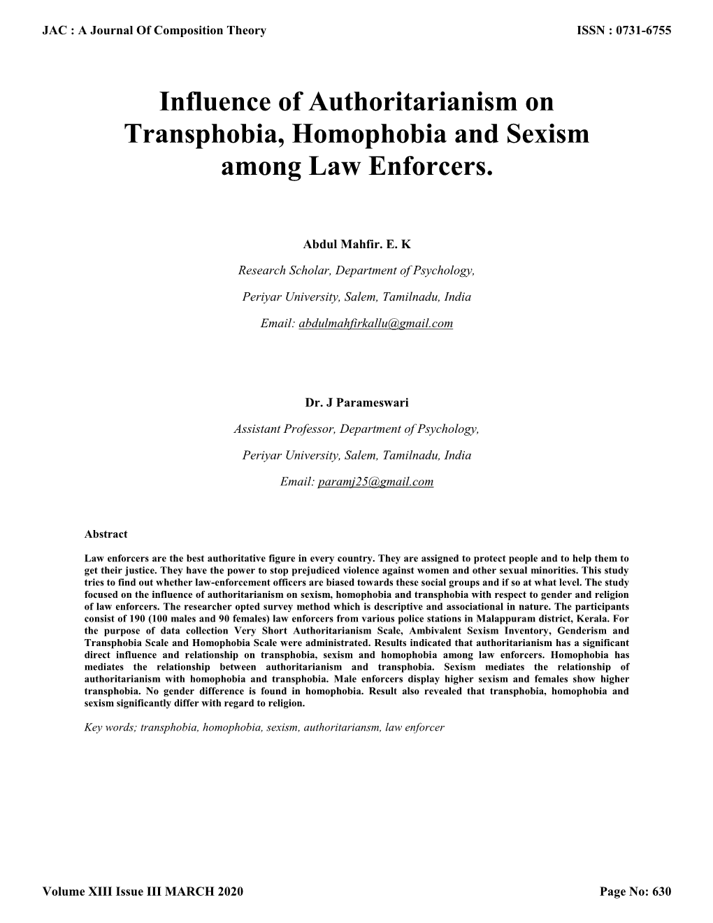 Influence of Authoritarianism on Transphobia, Homophobia and Sexism Among Law Enforcers