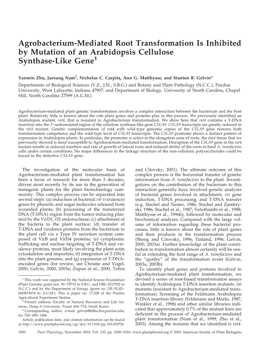 Agrobacterium-Mediated Root Transformation Is Inhibited by Mutation of an Arabidopsis Cellulose Synthase-Like Gene1