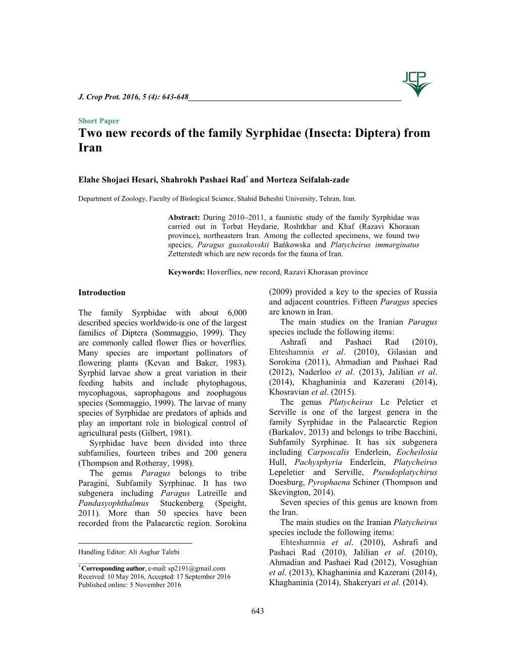 Two New Records of the Family Syrphidae (Insecta: Diptera) from Iran