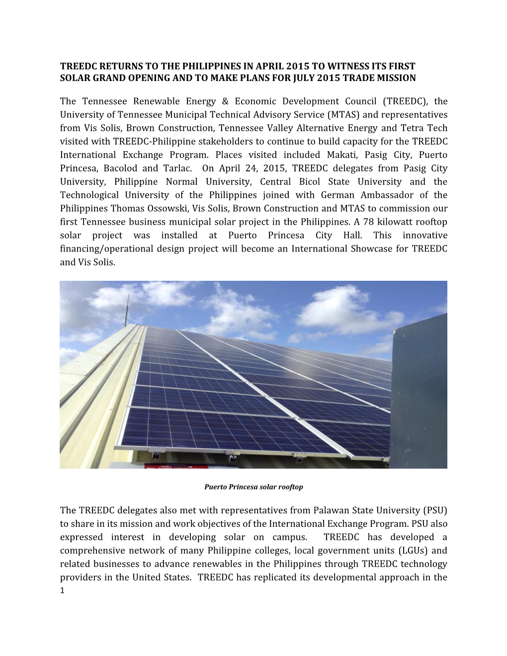 Treedc Returns to the Philippines in April 2015 to Witness Its First Solar Grand Opening and to Make Plans for July 2015 Trade Mission