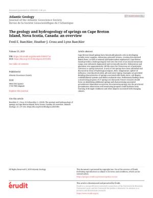 The Geology and Hydrogeology of Springs on Cape Breton Island, Nova Scotia, Canada: an Overview Fred E