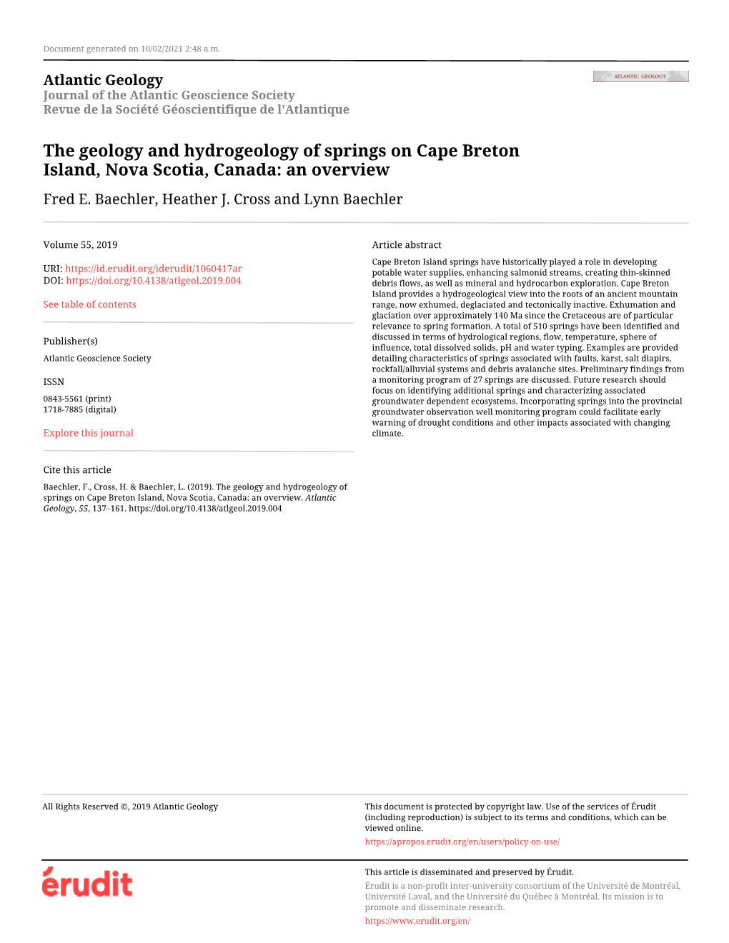 The Geology and Hydrogeology of Springs on Cape Breton Island, Nova Scotia, Canada: an Overview Fred E