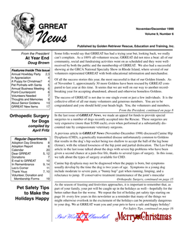 November/December 1999 News Volume 9, Number 6 Published by Golden Retriever Rescue, Education and Training, Inc